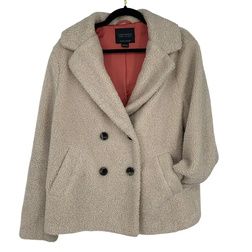 Sanctuary Women's Cream Sherpa Teddy Peacoat Overcoat Size Large - Picture 1 of 6